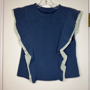 Anthropologie BY Blue Ribbed Sleeveless Top Ruffle Trim Tank Blouse Small S